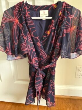 JB by Julie Brown Navy Blue Floral Wrap Blouse with Pink Accents